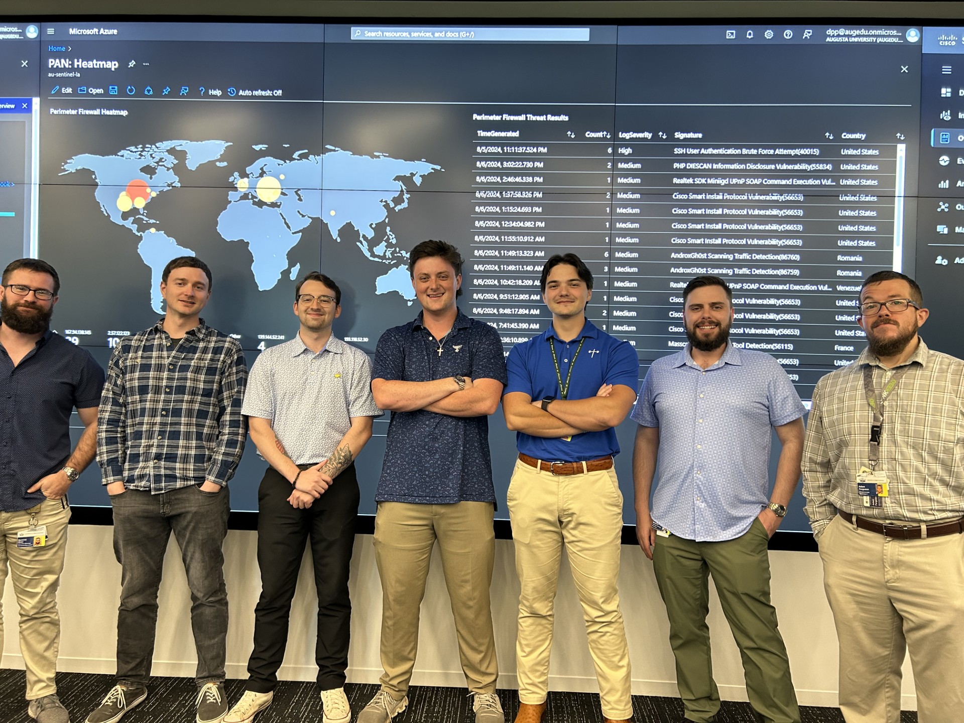 Student Cyber Analysts in front of Heat Map in SOC at Georgia Cyber Center