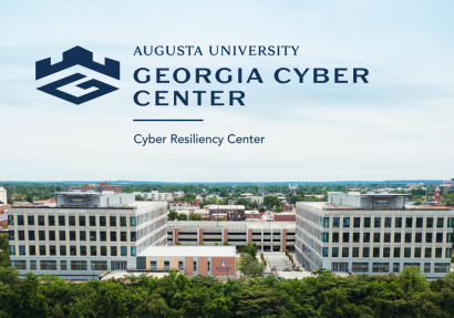Augusta University's Georgia Cyber Center: Cyber Resiliency Center logo overlaying photo of the buildings from the Savannah River